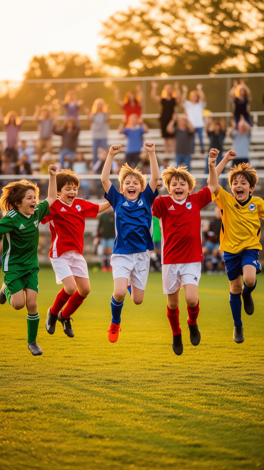 Youth soccer team celebrating a goal at golden hour